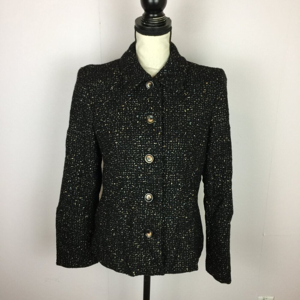 Louben Tweed Blazer Jacket Sz 10 Womans Black Long Sleeve Five-Button Wool Blend